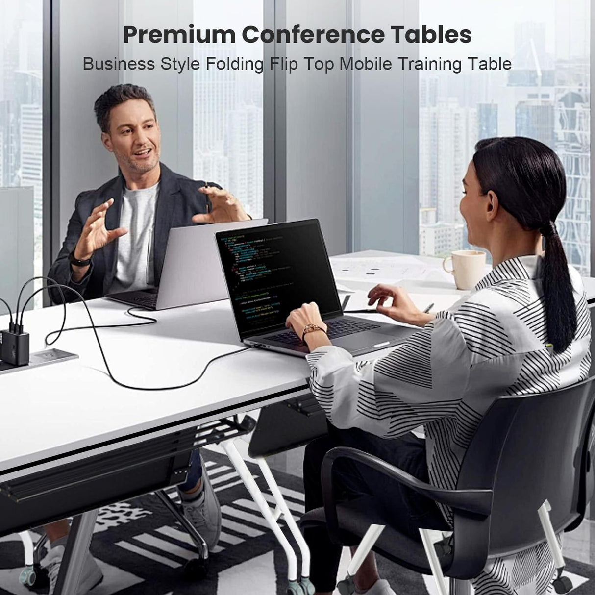 Conference Table Folding Conference Room Table,55.1x23.6x29.5 Inches Flip Top Training Meeting Table with Wheels,Modern Rectangle Seminar Boardroom Table for Office Conference Room (White, 8 Pack) Crevew