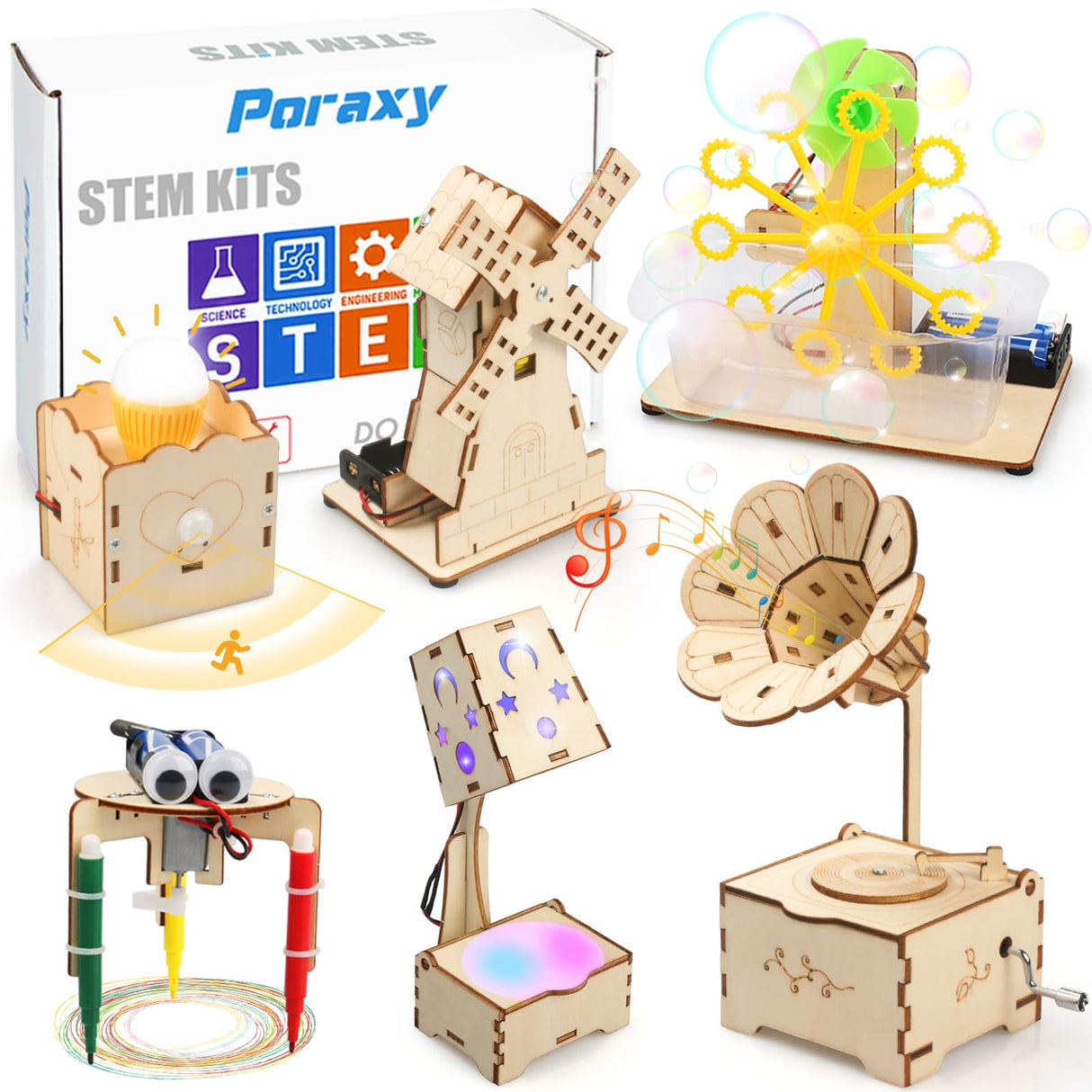 Poraxy STEM Kits for Kids Age 8-10-12, 6 in 1 Science Kits, Wooden 3D Puzzles, Toys for Ages 8-13, Building Projects Crafts Model Kits, Birthday Gifts for Boys Girls Ages 7 8 9 10 11 12 13 Years Old Poraxy