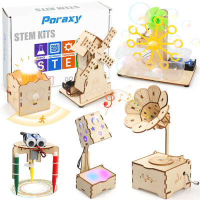 Poraxy STEM Kits for Kids Age 8-10-12, 6 in 1 Science Kits, Wooden 3D Puzzles, Toys for Ages 8-13, Building Projects Crafts Model Kits, Birthday Gifts for Boys Girls Ages 7 8 9 10 11 12 13 Years Old