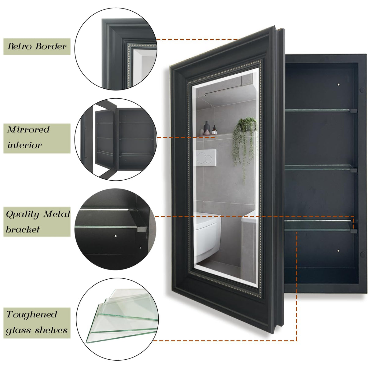 HESONTH 16"x26" Medicine Cabinet with Mirror Retro Bathroom Medicine Cabinet Organizer with Shelves Farmhouse Wall Mounted Hanging Rectangular Bathroom Mirror Cabinet Recess or Surface Mount HESONTH