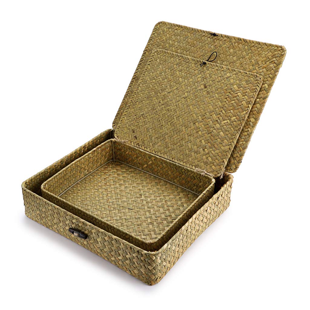 Hipiwe Natural Seagrass Storage Bins with Lid, Woven Wicker Basket Boxes Home Organizer Bins Shelf Organizer Box,Set of 2 Hipiwe