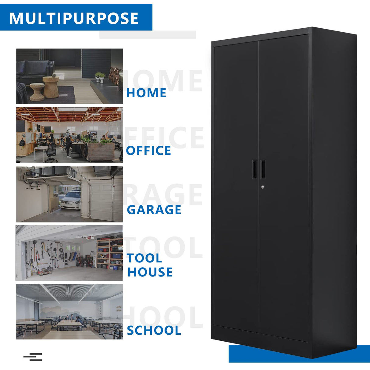 Metal Storage Cabinets with Locking Doors and Adjustable Shelves, Steel Storage Cabinet for Garage, Office, Classroom - Black BESFUR