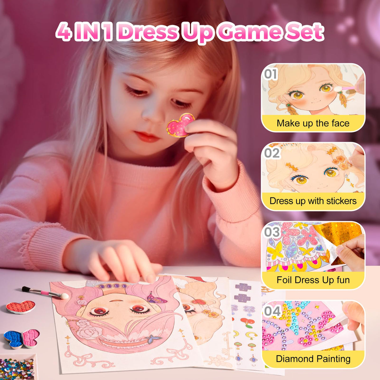 4 in 1 Princess Art Craft Kits, Foil Crafts Art Fun & Gem Painting, Makeup Diamond DIY Activity, Dress Up Sticker Books,Travel Toys, Ideal Toys for Girls Ages 6 7 8+ Years Old Jar Melo
