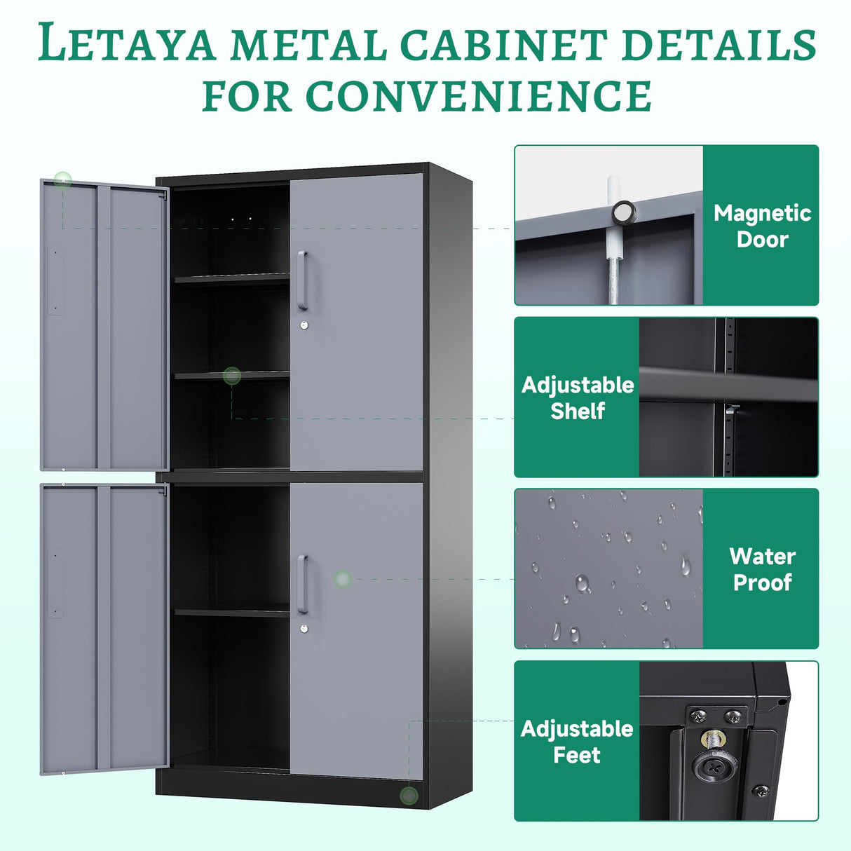 Letaya Metal Storage Cabinets with Lock Door and Shelves, Steel Garage Tool Cabinets for Home,Office, Warehouse,Lockers(71"-Black Gray) Letaya
