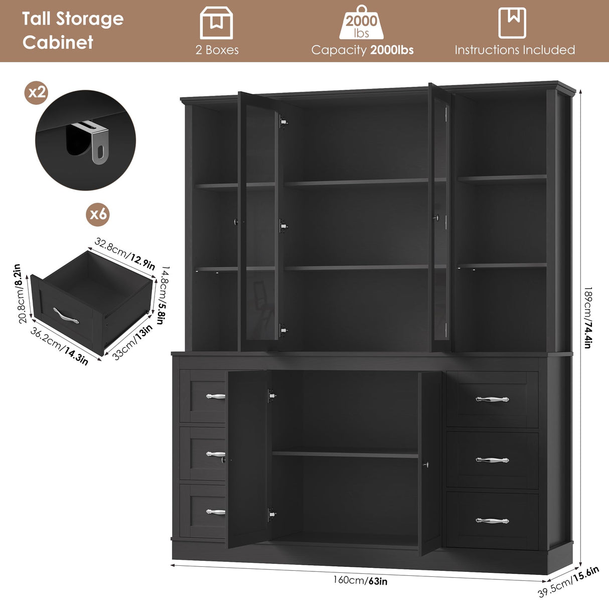 HIFIT 74.4'' Tall Kitchen Pantry Storage Cabinet, 63'' Wide Large Kitchen Hutch, Farmhouse Pantry Cabinet, Bookcases and Bookshelves with 6 Drawers & 4 Doors, Black Glass China Hutch for Living Room HIFIT