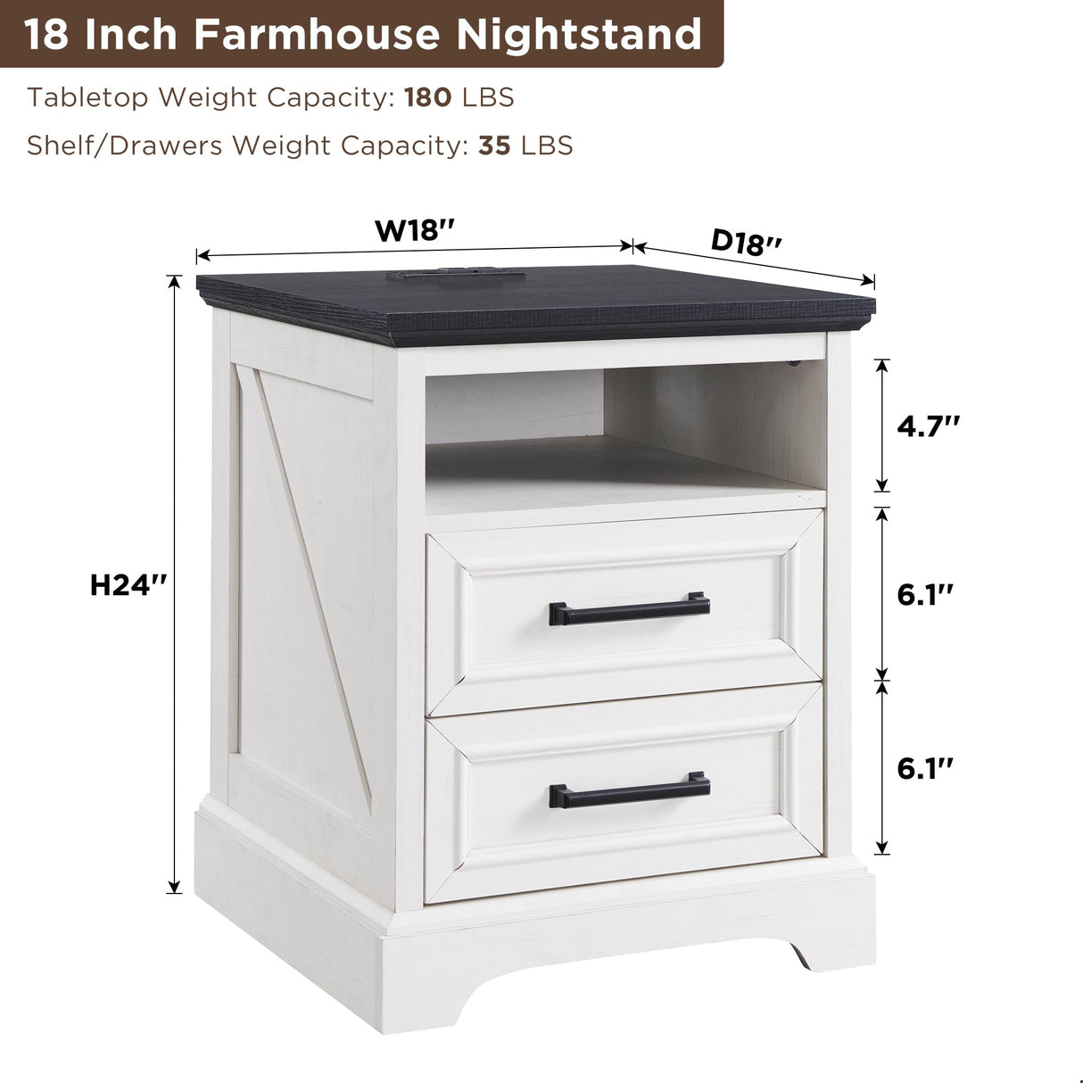ACCOHOHO 18" Farmhouse Nightstand with Charging Station,End Table with 2 Drawers Storage,Side Table,Bedside Cabinet for Bedroom,Living Room,White ACCOHOHO