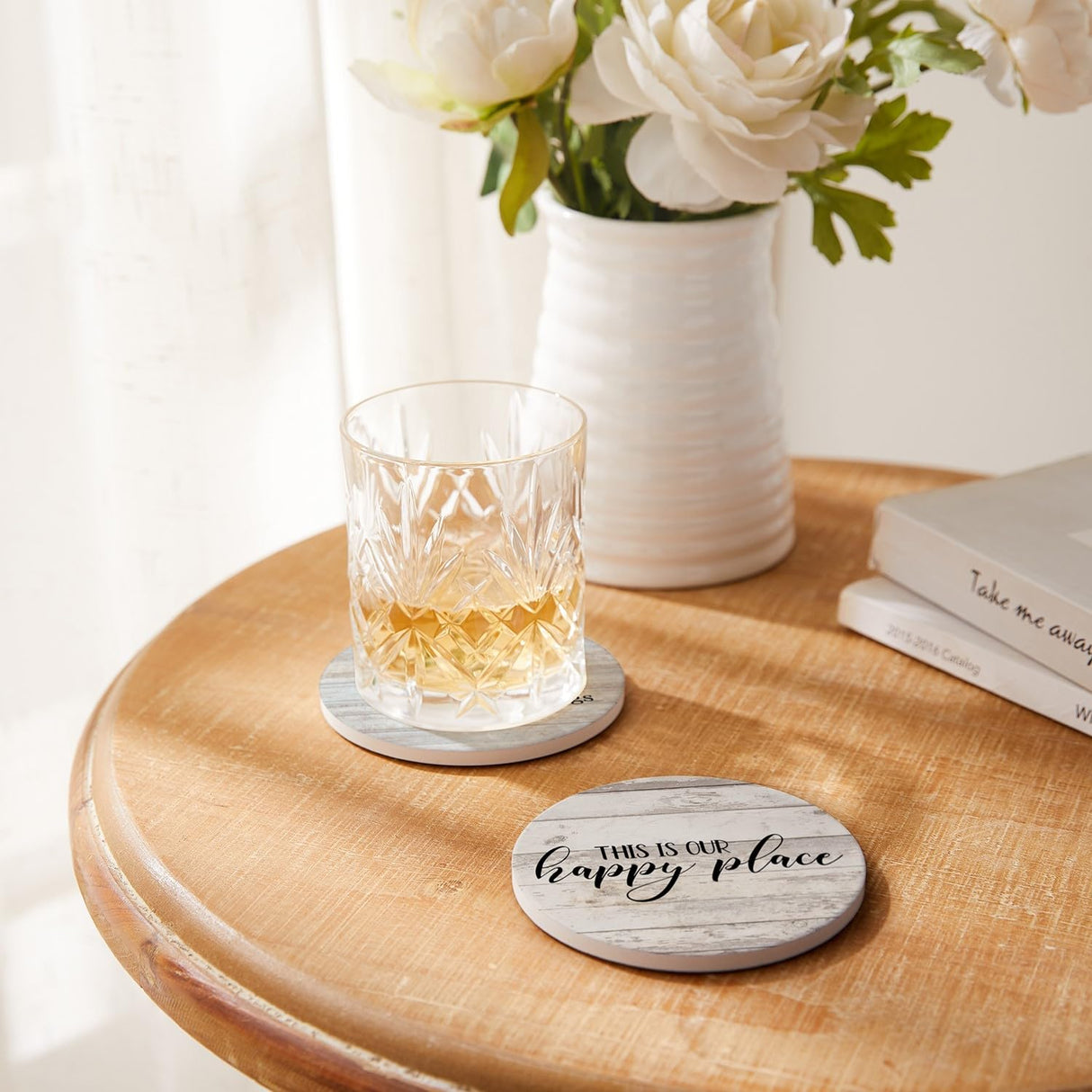 Hoomey Coasters for Drinks, Set of 6 Absorbent Drink Coasters with Holder, Farmhouse Style Ceramic Drink Coasters with Cork Backing for Table Protection, Housewarming Gifts for New Home Hoomey