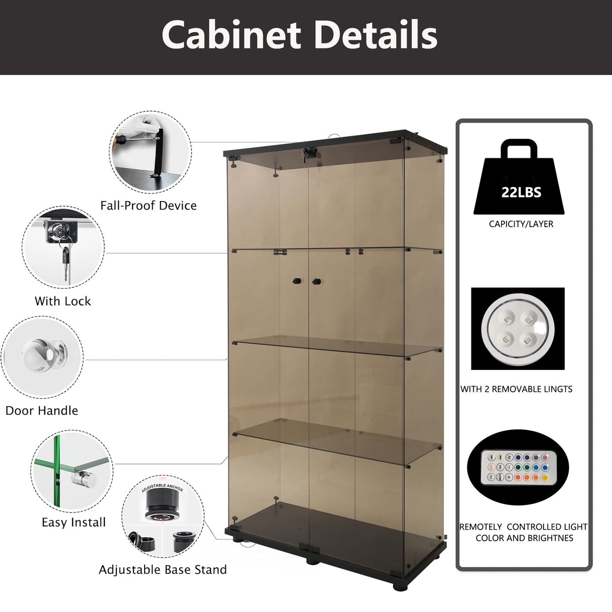 Zacis Glass Display Cabinet with Lights and Lock, 4-Tier Display Case Curio Cabinet with Glass Door, Floor Standing Showcase for Living Room Bedroom Home Office 31" W x 14.3" D x 64.5" H Zacis