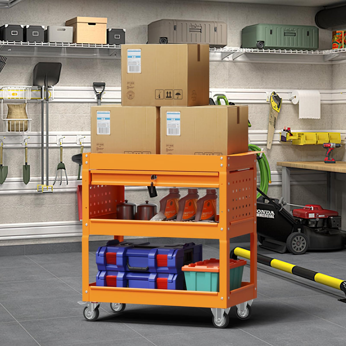 Cemostey 3-Tier Rolling Utility Cart, Heavy Duty Tool Cart on Wheels, Metal Service Cart with Locked Drawers for Garage, Warehouse and Repair Shop (Orange) Cemostey