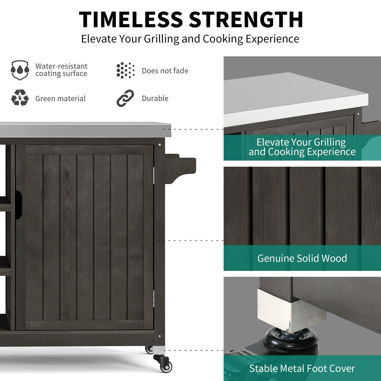 YITAHOME Solid Wood Patio Bar Table XL Outdoor Storage Cabinet Bar Table with Spice Rack and Lockable Wheels, Portable Outdoor Kitchen Island for Patio, Garden, Porch, Balcony, Brown YITAHOME