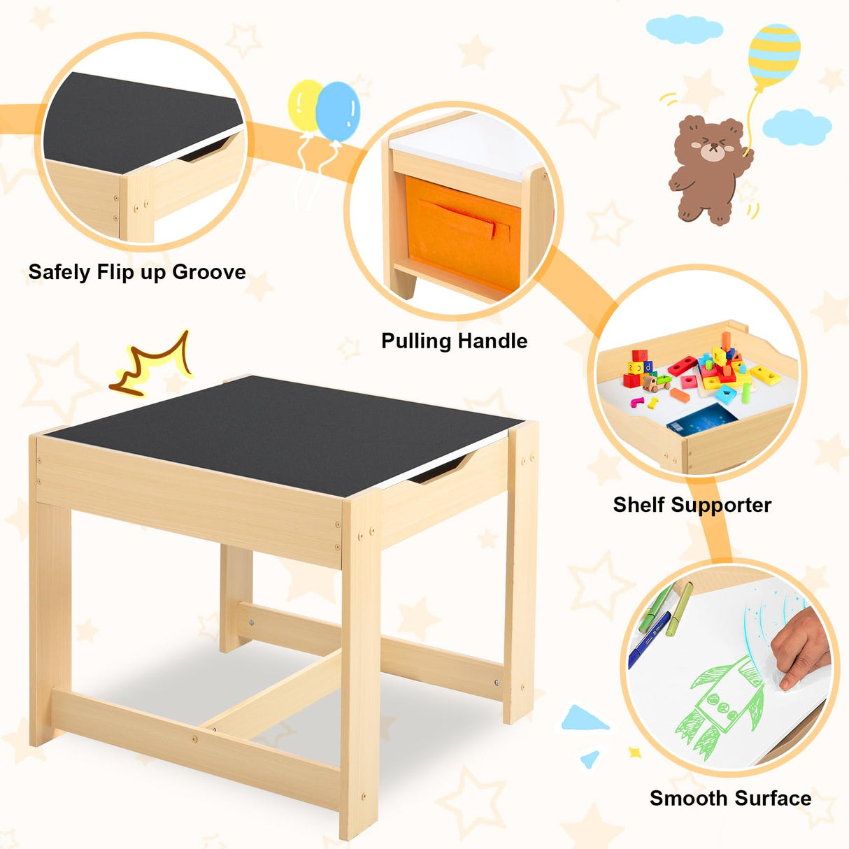 Romswi 3 in 1 Wooden Kids Table and Chair Set with Storage Drawer, Double-Sided Detachable Tabletop for Crafts, Drawing, Reading, Playroom - Ages 5-8 Romswi