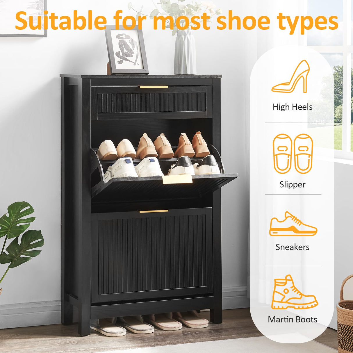 HUSHEDIFY 2 Flip Drawers Shoe Cabinet Storage for Entryway, Narrow Hidden Shoes Organizer for Front Door Entrance, Free Standing Shoes Cabinet Wooden Hallway Shoe Rack(Black) HUSHEDIFY
