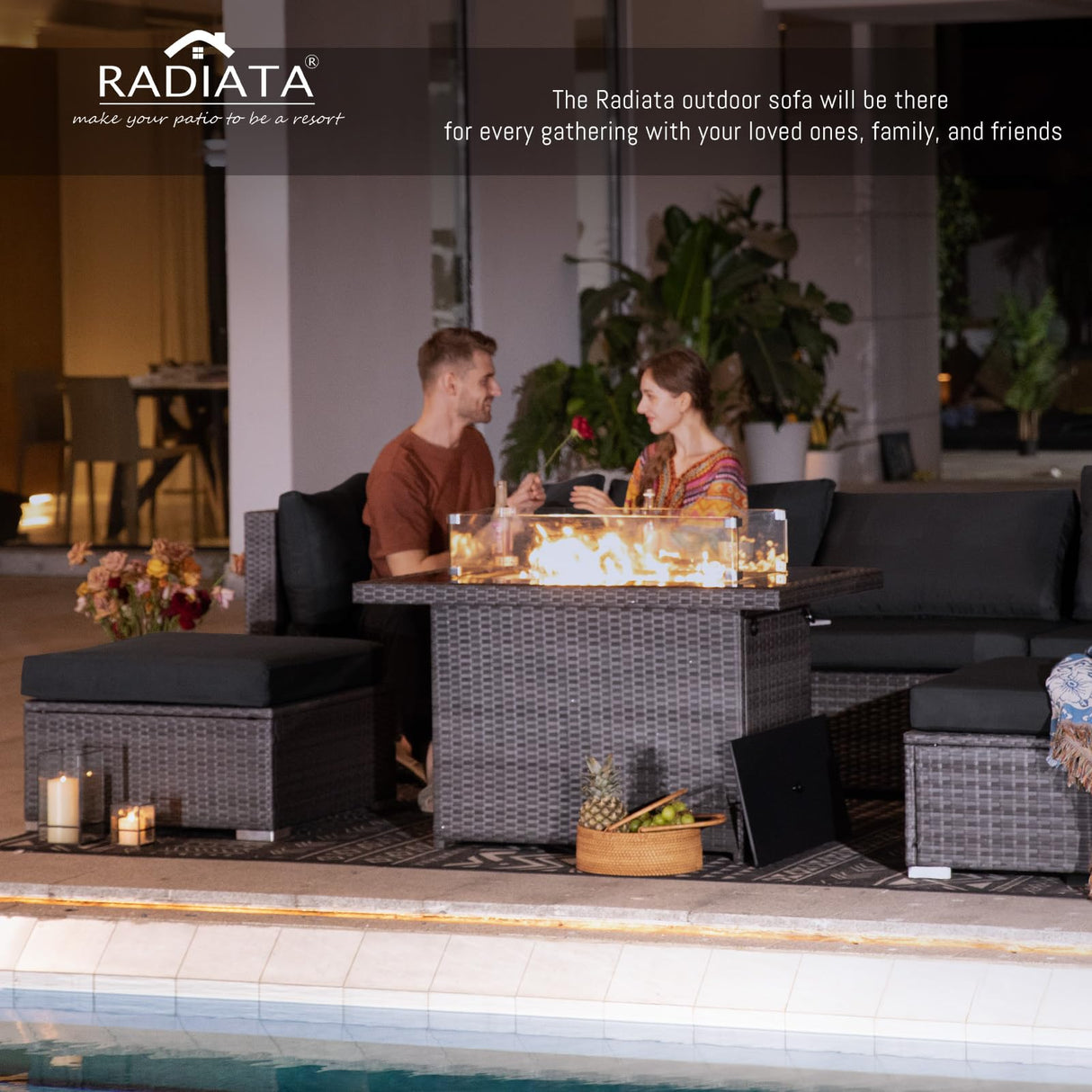 RADIATA 9 Piece Wicker Patio Furniture Set with Fire Pit, All-Weather Outdoor Sectional Couch High Back Large Size, Modular Backyard Seating Sofa Set with Propane/Natural Gas Firepit Table, Grey&Black RADIATA