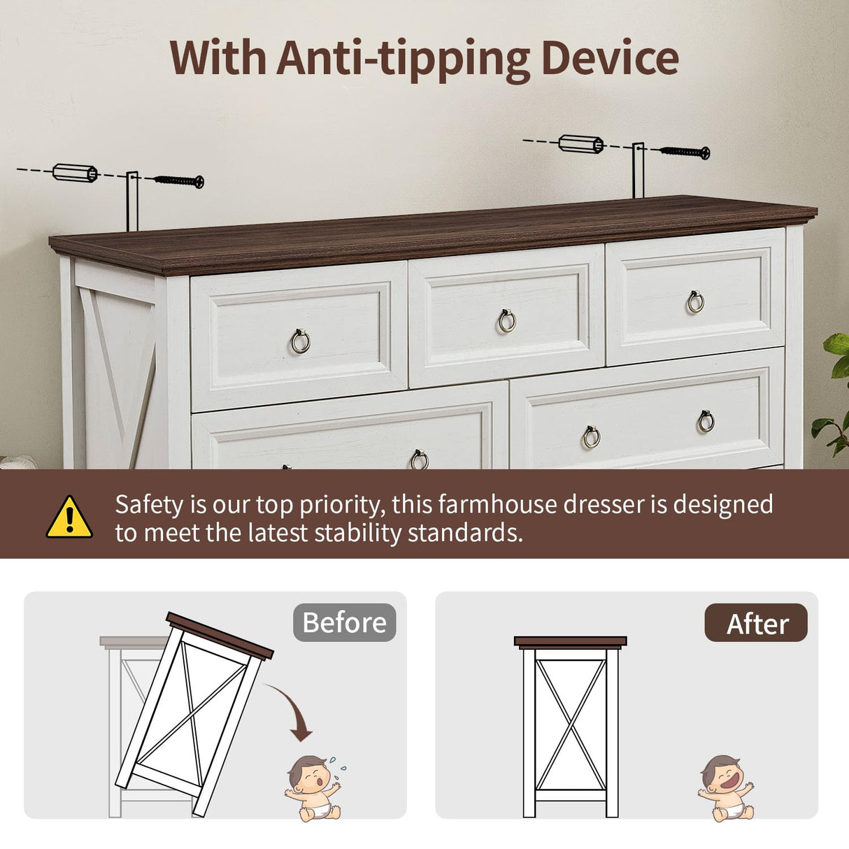 7 Drawer Dresser for Bedroom, 54" Farmhouse Dresser, Rustic Chest of Drawers, White Dresser with Barn Design, Brown Tabletop & Antique Bronze Handles, Wood Dresser for Closet, Bedroom Dressers Angel Sar