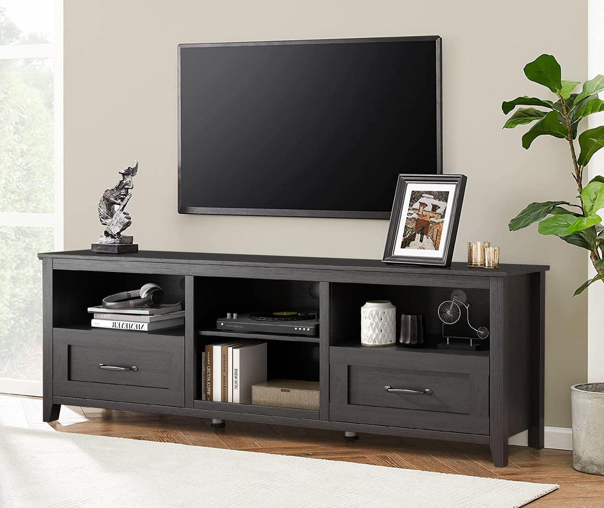 SAINTCY TV Stand for TVs up to 80", Large Television Stands with Drawers for Living Room, Farmhouse Entertainment Center with Storage and Shelves, TV Console Cabinet Furniture for Bedroom (Black) SAINTCY