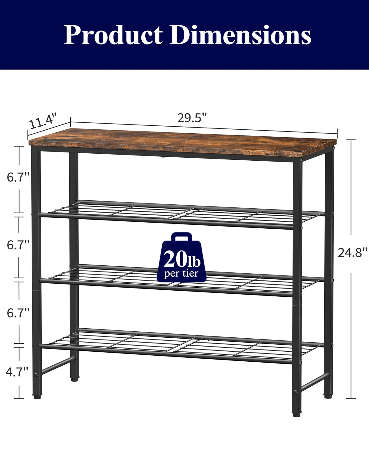 Kitsure Shoe Rack for Closet, Rustic Brown Shoe Organizer with Leveling Feet, Sturdy & Rust-Proof Shoe Storage for Entryway, Bedroom, Living Room, 29.5" x 11.4" x 24.8", Brown Kitsure
