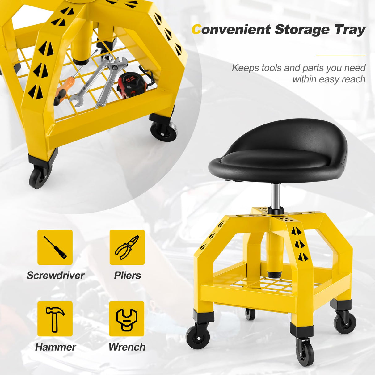 Goplus Mechanic Stool with Wheels, 360 Degree Swivel Rolling Garage Stool with 22.5”-27.5” Height Adjustment, Padded Seat, 330 LBS Capacity, Tool Tray, Heavy Duty Creeper Seat, Shop Stool for Workshop Goplus