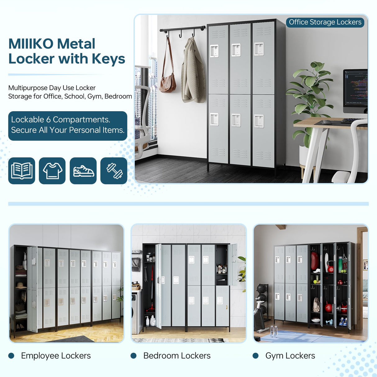 MIIIKO 2 Tier Metal Lockers 3-Wide, 72" x 36" x 16" Storage Locker Units with 6 Compartments, Large Employee Locker with Shelves, Lockable Doors and MIIIKO