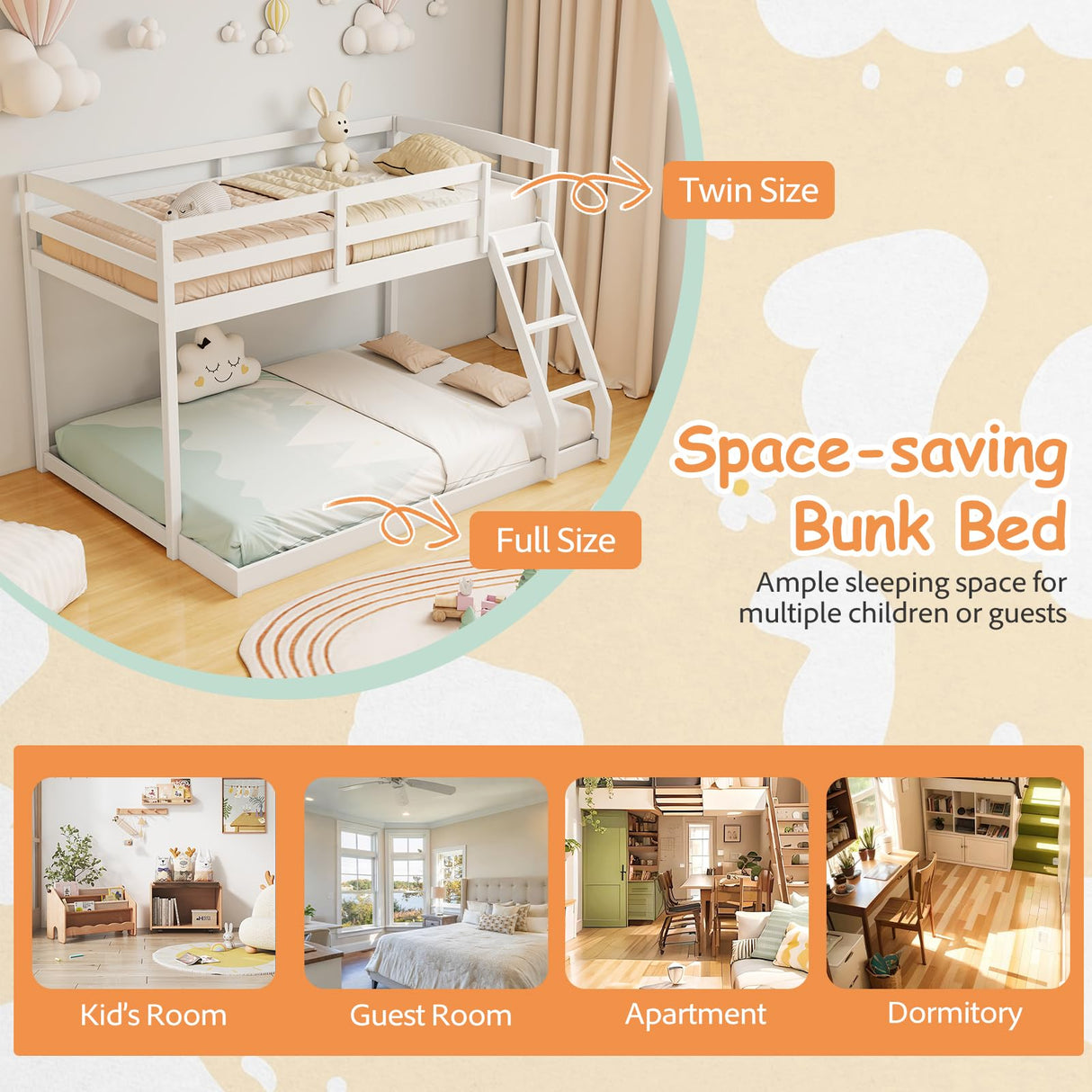 KOMFOTT Low Bunk Bed Twin Over Full, Solid Wood Twin Bed Frame with Built-in Ladder & Safety Guardrails, Space-Saving Low Bunk Bed for Kids, Teens, No Box Spring Needed KOMFOTT