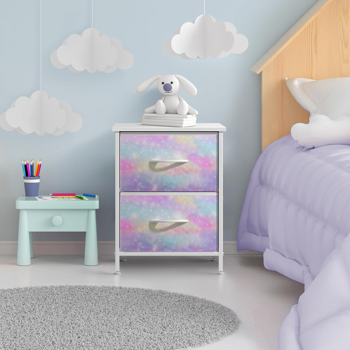 Sorbus Kids Dresser with 2 Drawers - Storage Chest Organizer Nightstand - Steel Frame, Wood Top, Tie-Dye Fabric Bins for Clothes - Wide Furniture for Bedroom, Hallway, Nursery, Closet, & Apartment Sorbus