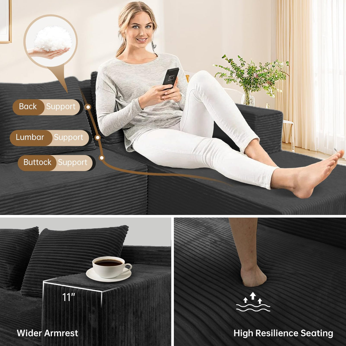 ANONER 103" Cloud Sectional Couch with L-Shape Chaise, Modern Minimalist Modular Sofa with Deep Seat, Free Combination Cloud Couches for Living Room Apartment, No Assembly Required, Dark Grey ANONER