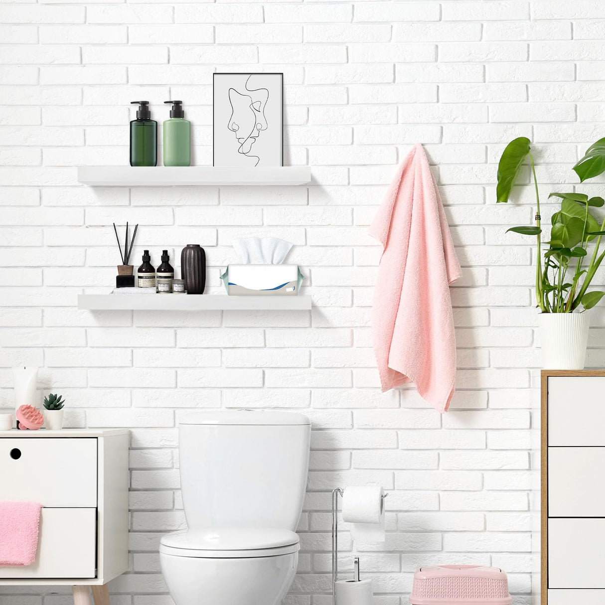 AZSKY Floating Shelves for Wall,White Wall Shelf Natural Wood 16 Inch Bathroom Shelves Over Toilet,Wall Mount Nursery Book Shelves with Invisible Brackets Set of 2 for Bedroom Living Room Kitchen AZSKY