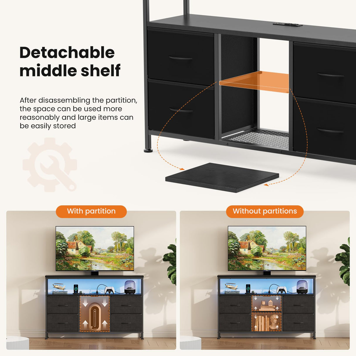 Sweetcrispy TV Stand Dresser for Bedroom 4 Drawers Entertainment Center with LED Lights and Power Outlets Media Console for 50 Inch TV Living Room Furniture with Open Shelf Adjustable Feet, Black Sweetcrispy