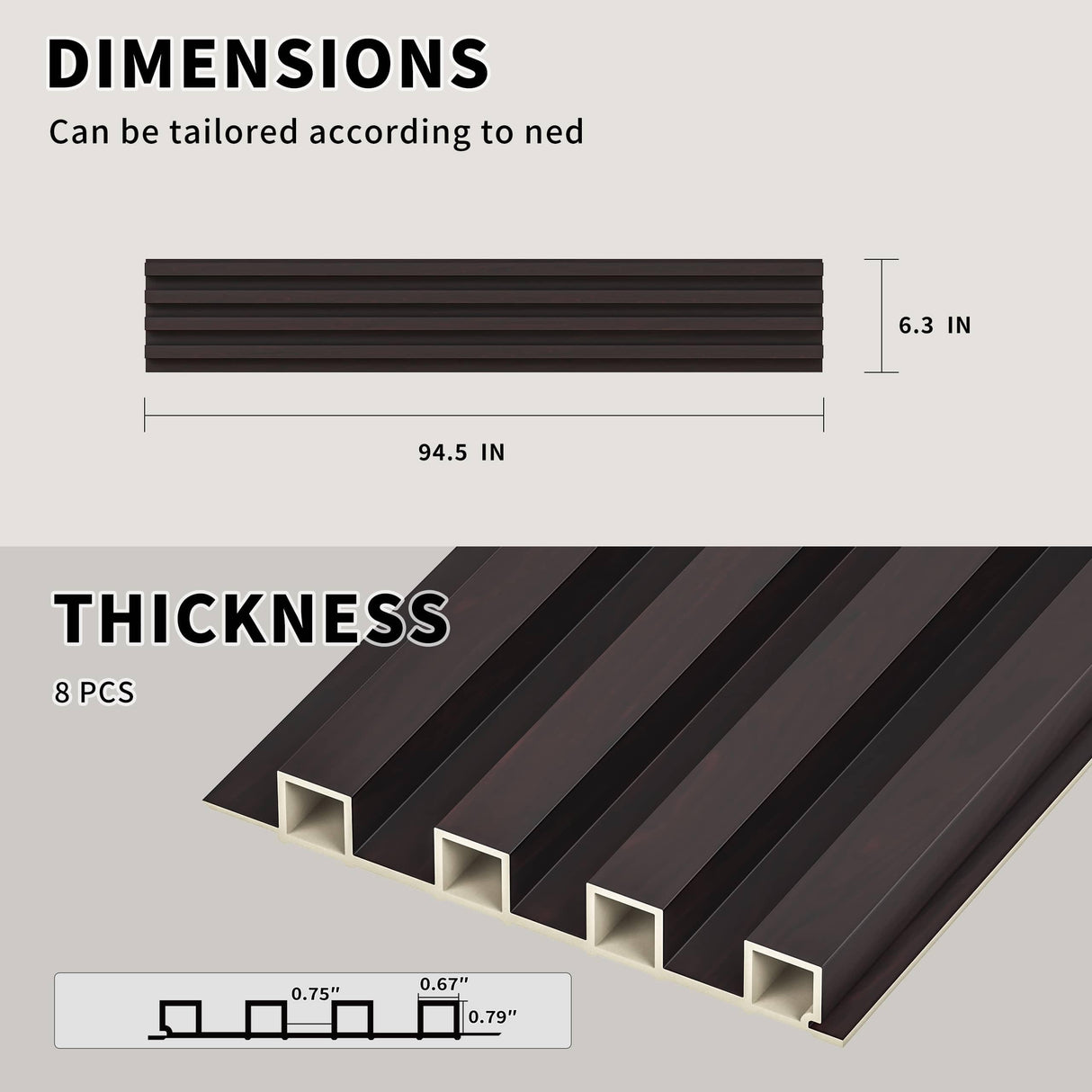 POHARE WPC Slat Wall Panels, 8 Pack Accent Decorative Acoustic Wood Slats for Wall and Ceilings, Acoustic Panels for Interior Wall Modern Décor, Black Oak, 95 x 6 in POHARE
