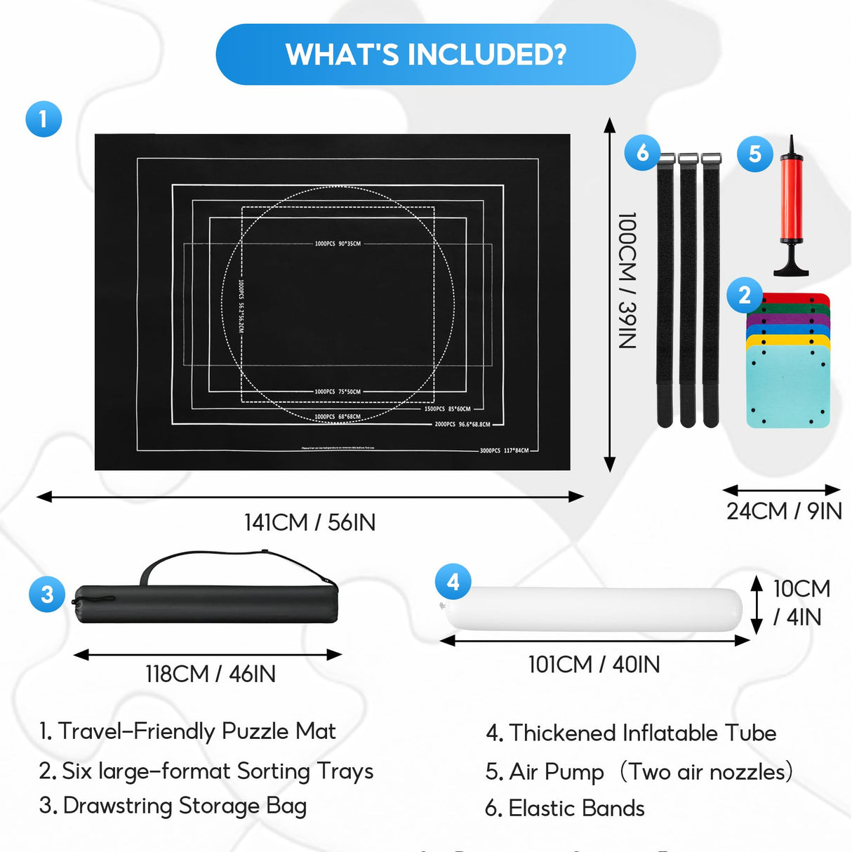 Jigsaw Puzzle Mat Roll Up 1500 2000 3000 Piece Portable Table Puzzle Board Mat Saver Keeper, Smooth Top & Non-Slip Felt Bottom with 6 Sorting Trays, Storage Bag, Inflatable Roller for Kids Adults Gift Brmoka