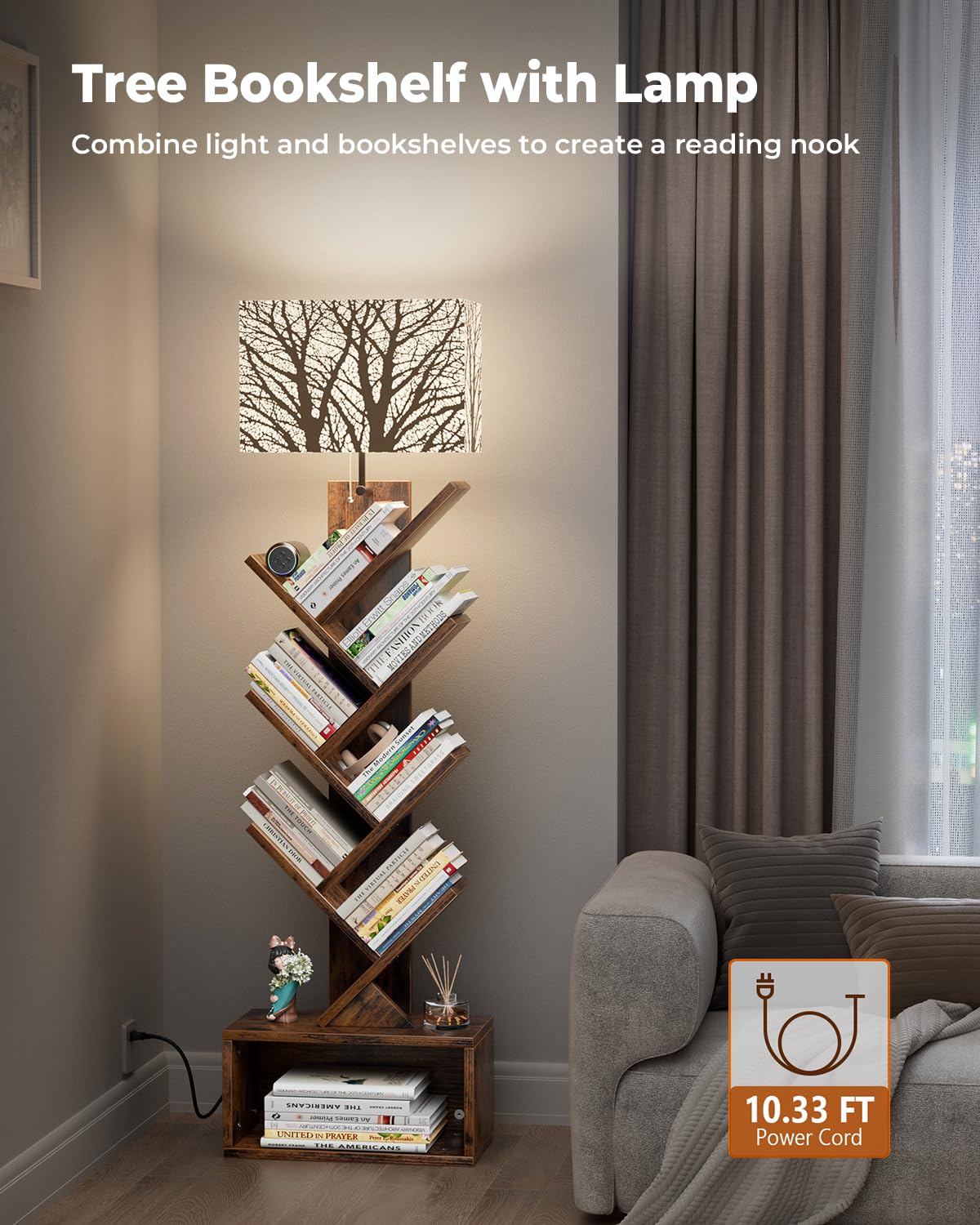 Evermagin Tree Bookshelf with Light, 6 Tier Small Bookcase, Narrow Floor Standing Book Tower Organizer with Storage Cabinet for Living Room, Bedroom & Home Office, Rustic Brown Evermagin