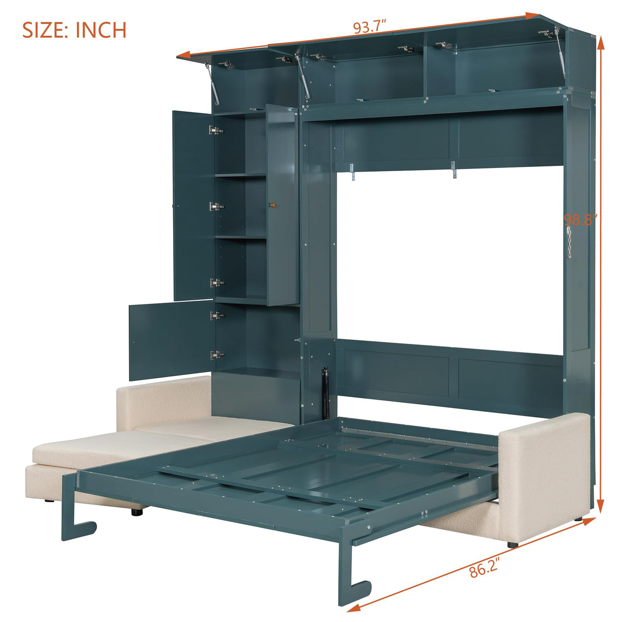 THINK 30 Queen Size Murphy Bed with Sofa and Shelves, Wood Foldable Queen Wall Bed Frame with Sofa and Shelves for Bedroom Guest Room Study (Green) THINK 30