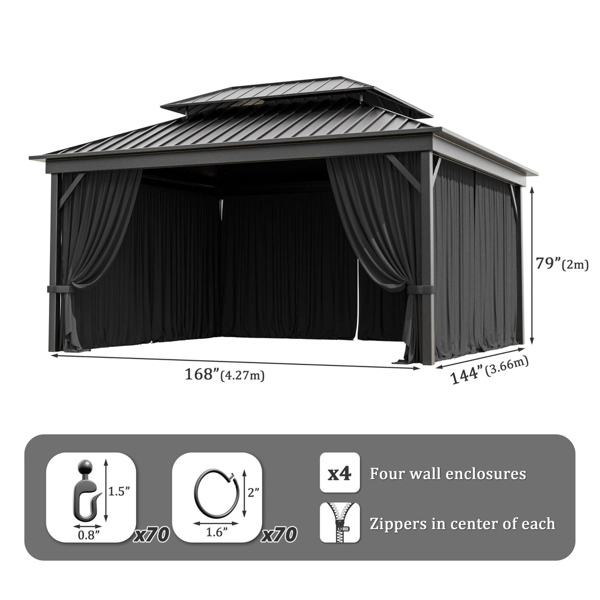 12'x14' Gazebo Curtains Outdoor Waterproof with Hanging Rings, 4-Panel Double Zipper Sidewalls Universal Replacement Privacy Curtain, Outdoor Gazebo Curtains for Patio, Backyard(Curtains Only) Snubbull
