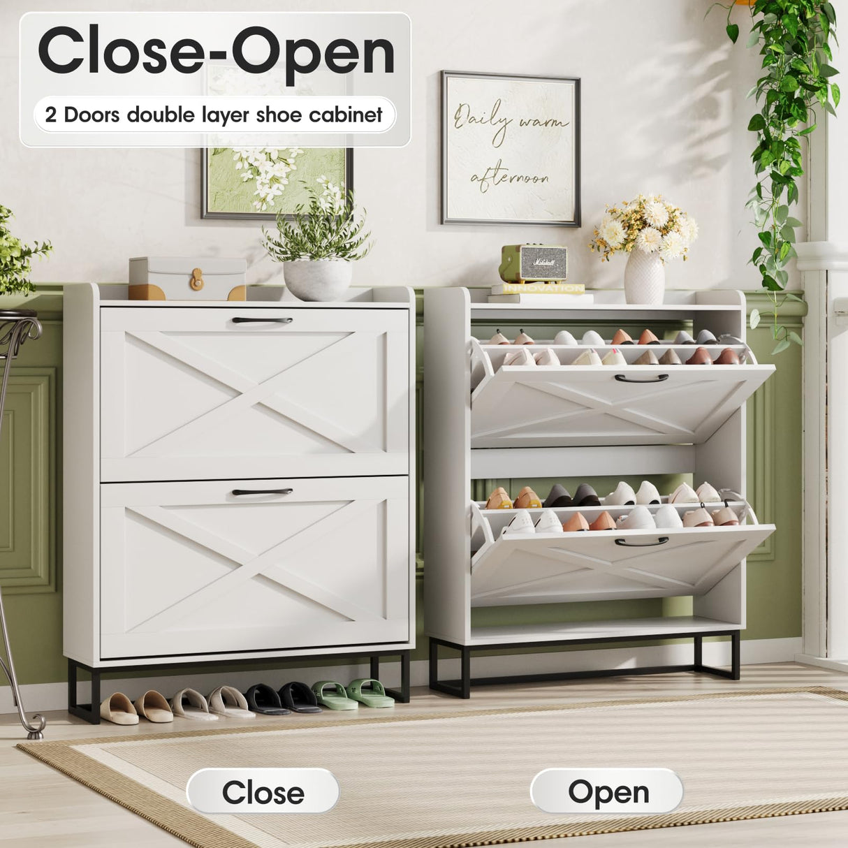 Maupvit Shoe Cabinet with 2 Flip Drawers, Freestanding Shoe Cabinet Organizer with Metal Legs, Shoes Storage Cabinet for Entryway, Narrow Shoe Rack Cabinet, White Maupvit