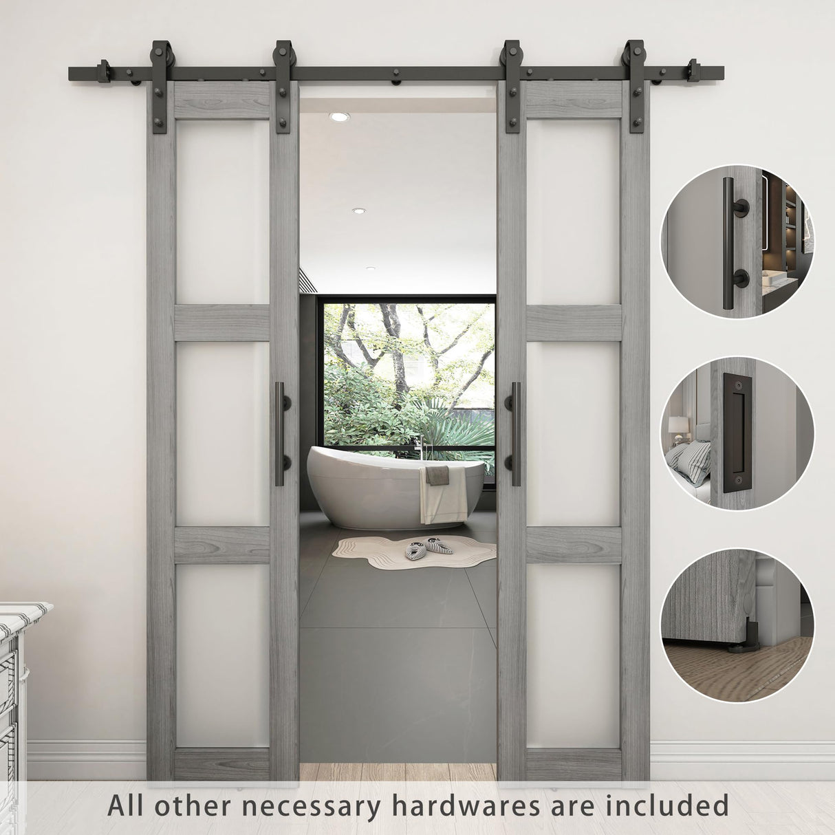 BARNSMITH 18in x 84in Double Glass Barn Door with 6.6FT Sliding Door Hardware Kit Included & Handle,3-Panel Frosted Glass Solid Wood Slab with Water-Proof PVC Surface,Pre-Drilled Easy Assembly,Grey BARNSMITH