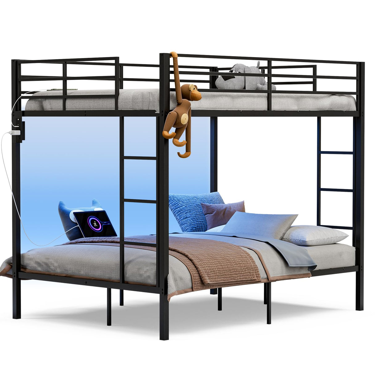 IKIFLY Full Over Full Bunk Beds with LED Lights and Charging Station, Heavy Duty Metal Full Size Bunk Bed Frame, Safety Guardrail & 2 Ladders, Space-Saving Design, No Box Spring Needed, Black IKIFLY