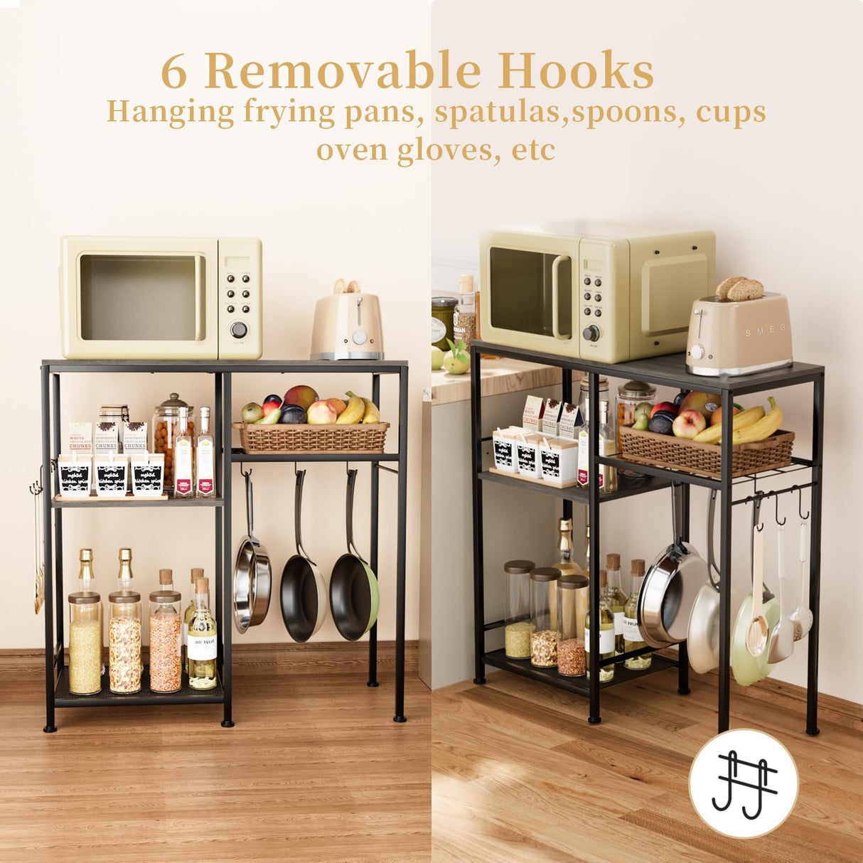 Consumest Bakers Rack with Storage - Microwave Stand and Coffee Bar Cabinet, Multifunctional Pan Organizer with 6 Hooks and 2 Shelves, Microwave Cart for Kitchen, Living Room, Grey&Black Consumest