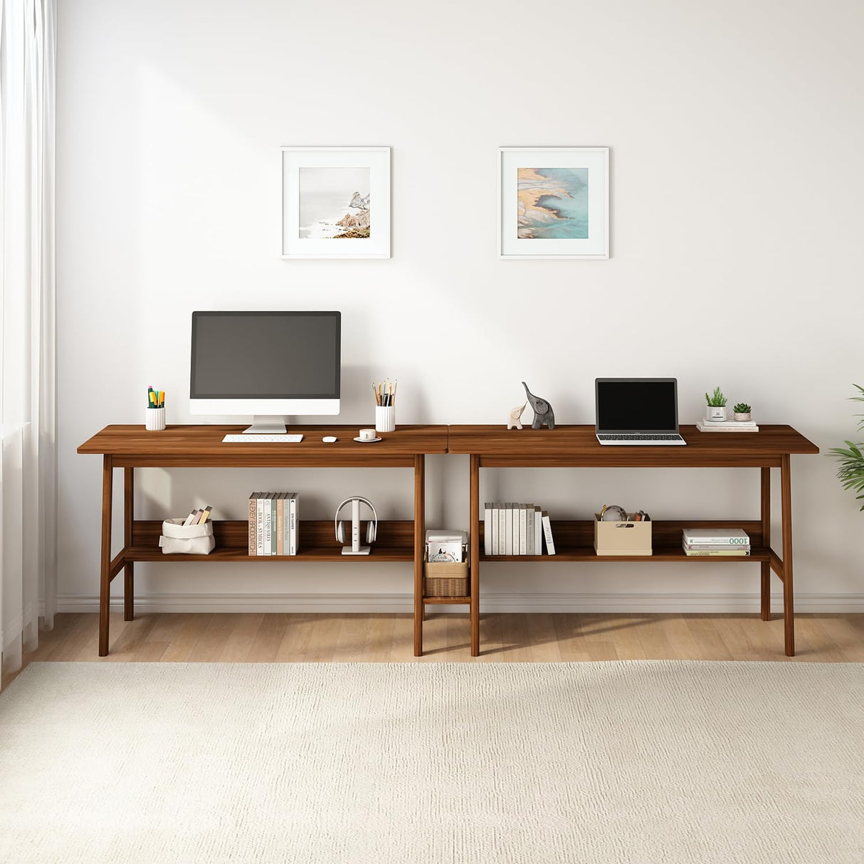 NELYE 2-Person Writing Desk with Bookshelf - 110" Wooden Extra Long Home Office Work Table, Double Study Computer Workstation with Storage Shelves in Walnut, 110" W x 24" D NELYE