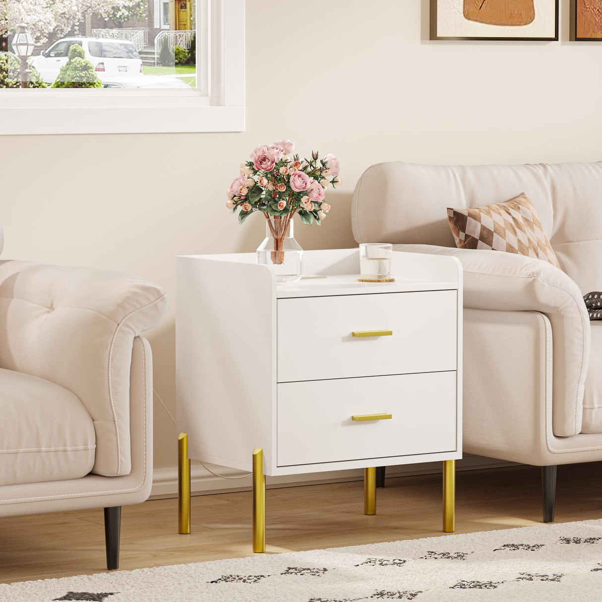 Vabches Nightstand Set of 2 with Built-in Charging Station, White Mid Century Modern Nightstand for Bedroom, Stylish End Tables for Lamps, Books Vabches