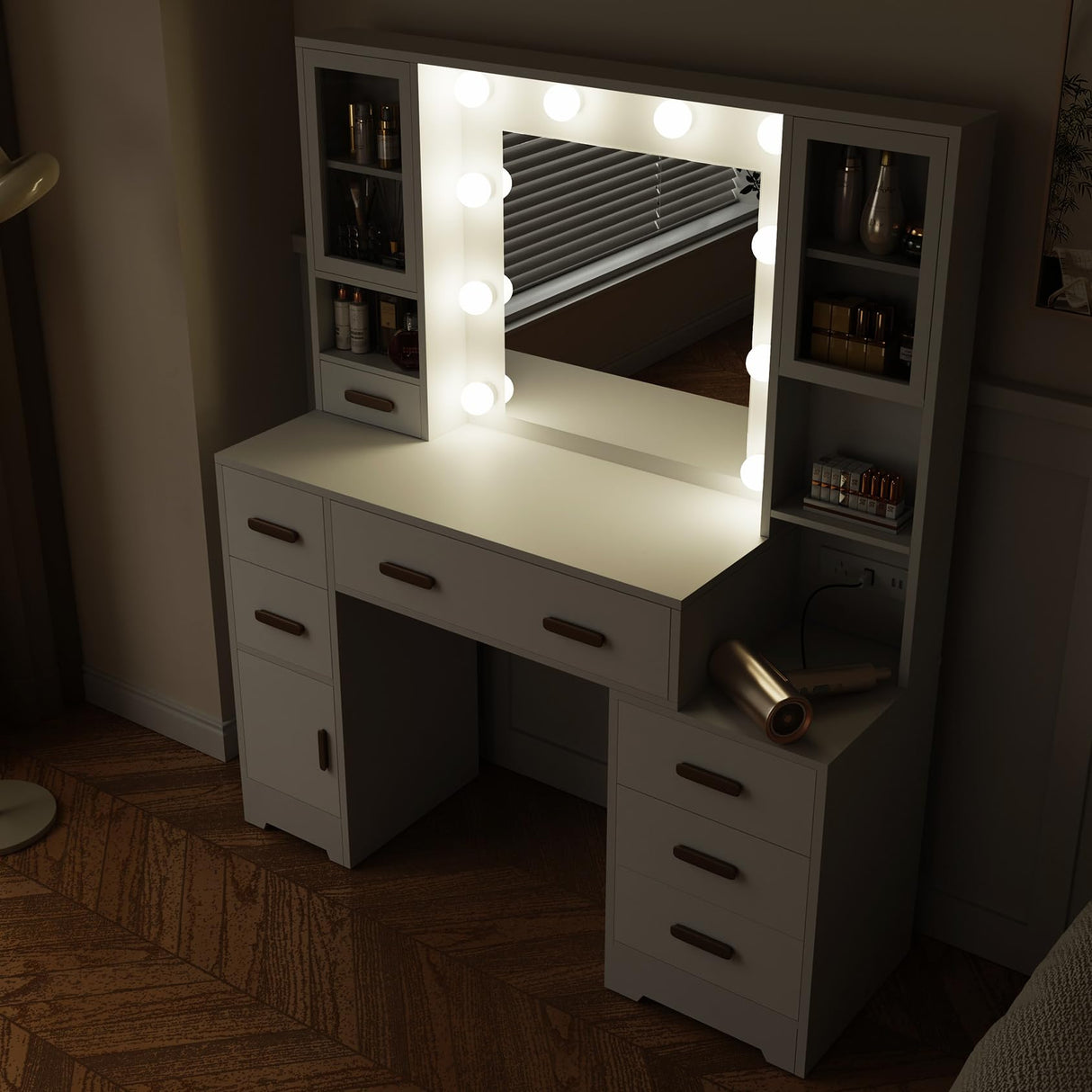 DYHOME Makeup Vanity Desk with Mirror and Lights & Charging Station, 49" Large White Vanity Desk with 3 LED Light Modes, Make Up Vanity Table Makeup Desk with 7 Drawers & 3 Cabinets for Bedroom DYHOME