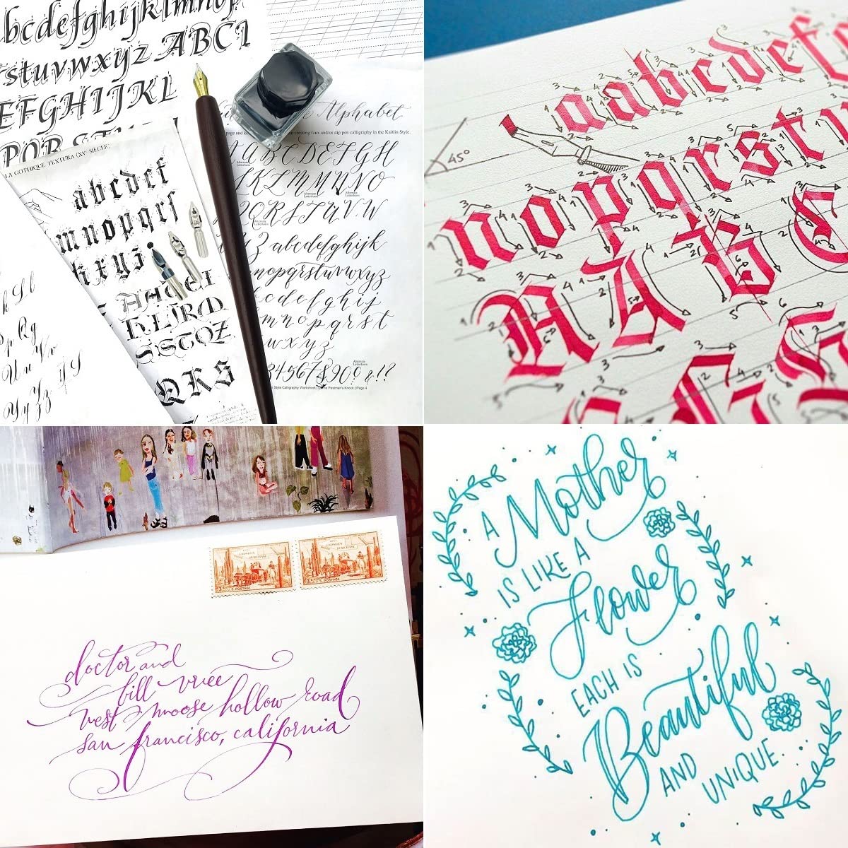 Plotube Calligraphy Pen Set – Includes Wooden Dip Pen, Antique Brass Holder, 11 Nibs, 7 Colors Ink Bottles and Beginner's Manual Plotube