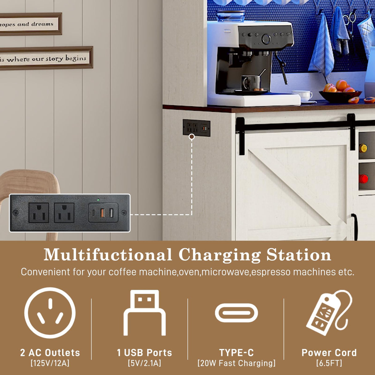 74" Tall 63" Wide Large Coffee Bar Cabinet w/ Outlet,6000-color LED Light,Pegboard,Farmhouse Hutch Cabinet w/Barn Door,2 Big Drawers,Adjustable Shelves,10 Wine & Glasses Rack,5 Hook for Kitchen,White chartustriable