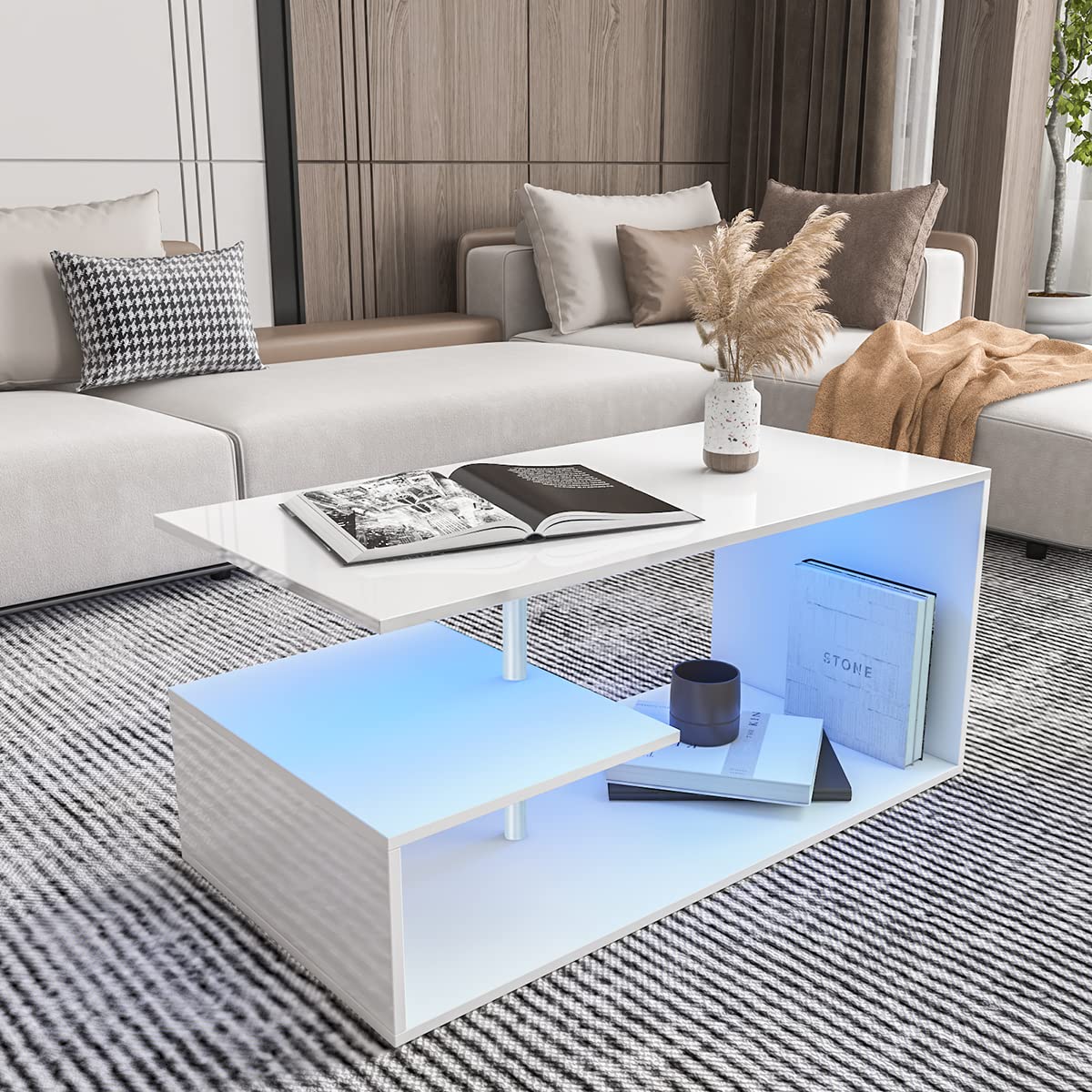 HOMMPA LED Coffee Tables for Living Room Modern White Coffee Table with S-Shaped 3 Tiers Open Storage Shelf High Gloss Center Sofa Tea Table with LED Lights for Home Office Furniture White 18" Tall HOMMPA