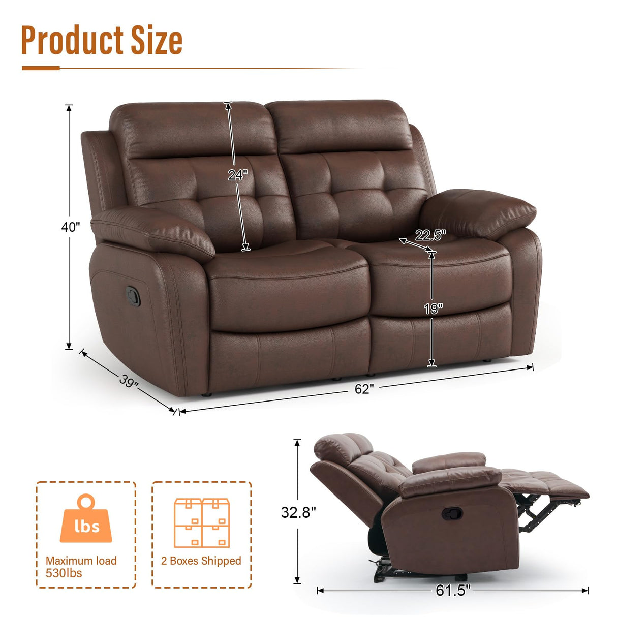 Msutree Loveseat Recliner Sofa, Oversized 2 Seater Reclining Loveseat Chair, Top Grain Leather Manual Recliner Sofa, Brown Modern Double Seater Couch for Living Room Msutree
