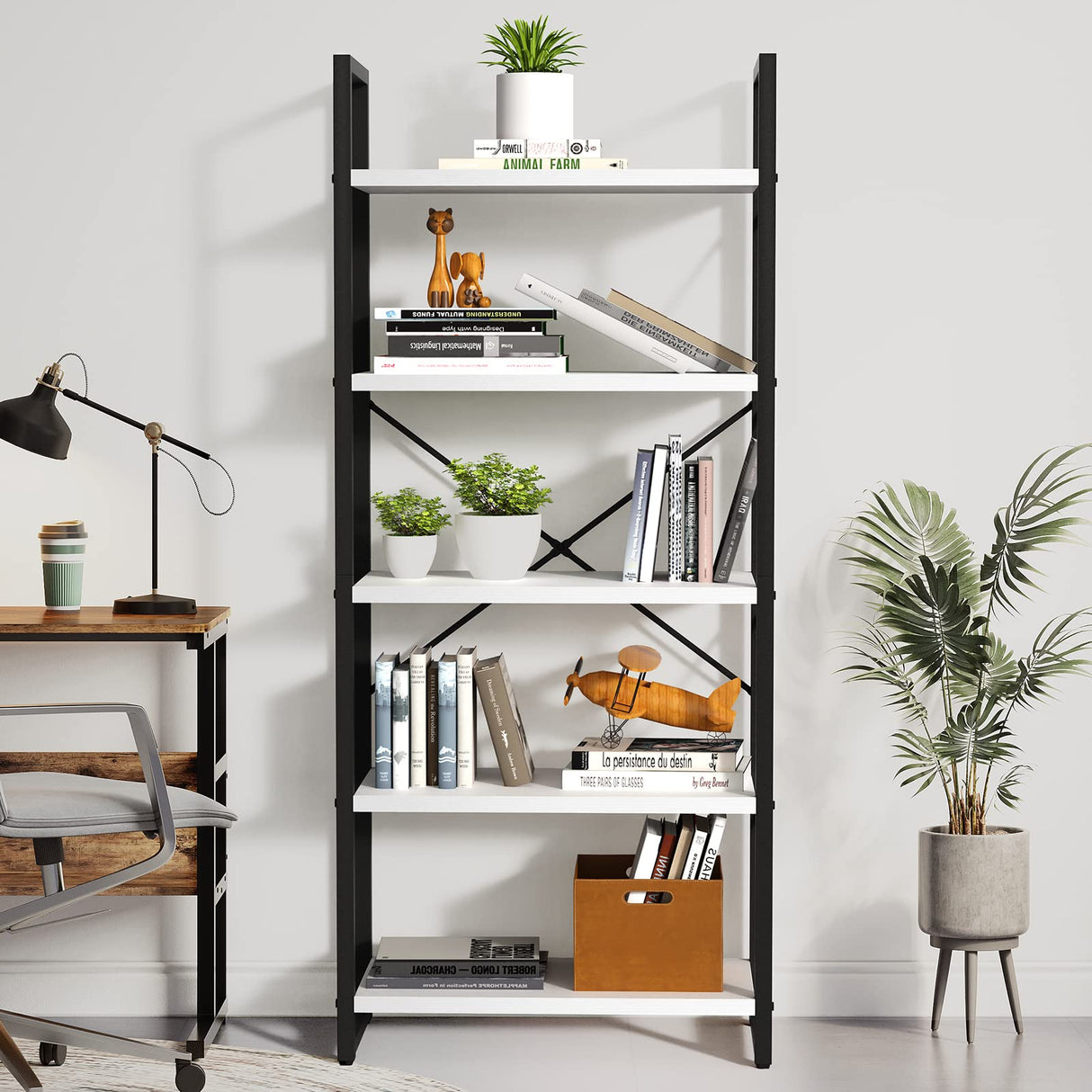 YITAHOME Modern White 5-Tier Bookshelf - Versatile Storage Rack for Home and Office YITAHOME