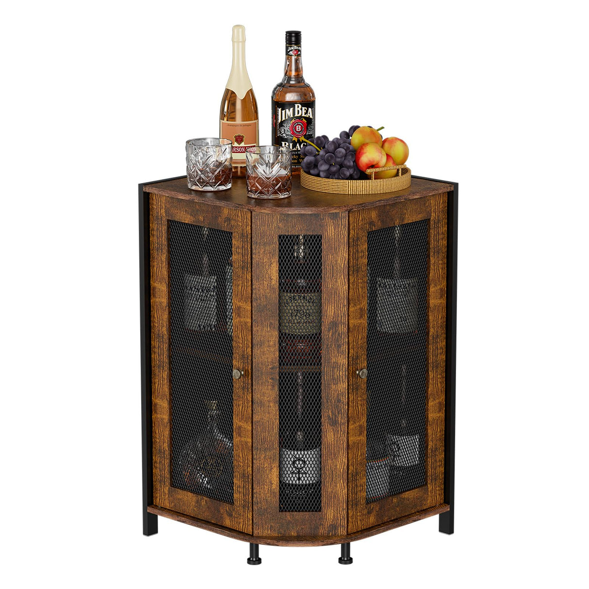 JKsmart Corner Storage Cabinet with Open Shelf, 3-Tier Industrial Wine Bar Cabinet with Door, Industrial Corner Cabinet for Kitchen, Living Room, Dining Room, Rustic Brown JKsmart