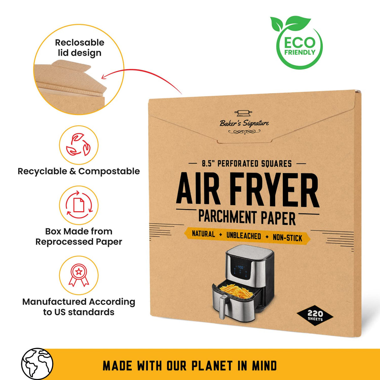 Bamboo Steamer Liner, 8.5" Air Fryer Parchment Paper Liners Sheets – 220pcs Unbleached Bamboo Steamer Basket Liners – Easy Cleanup, Will Not Burn or Curl, Non-Toxic & Volume Pack by Baker’s Signature Baker's Signature