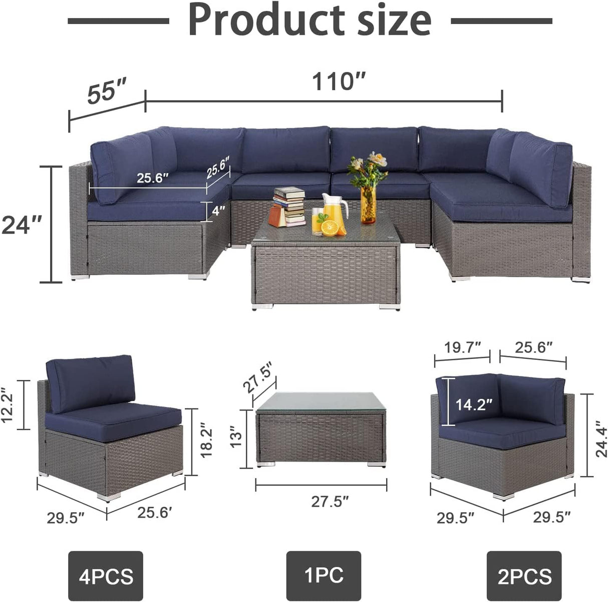 Oakcloud 7-Piece Outdoor Patio Furniture Set Grey Rattan Wicker Sectional Sofa Conversation Sets with Cushions and Glass Top Table (Dark Blue) Oakcloud