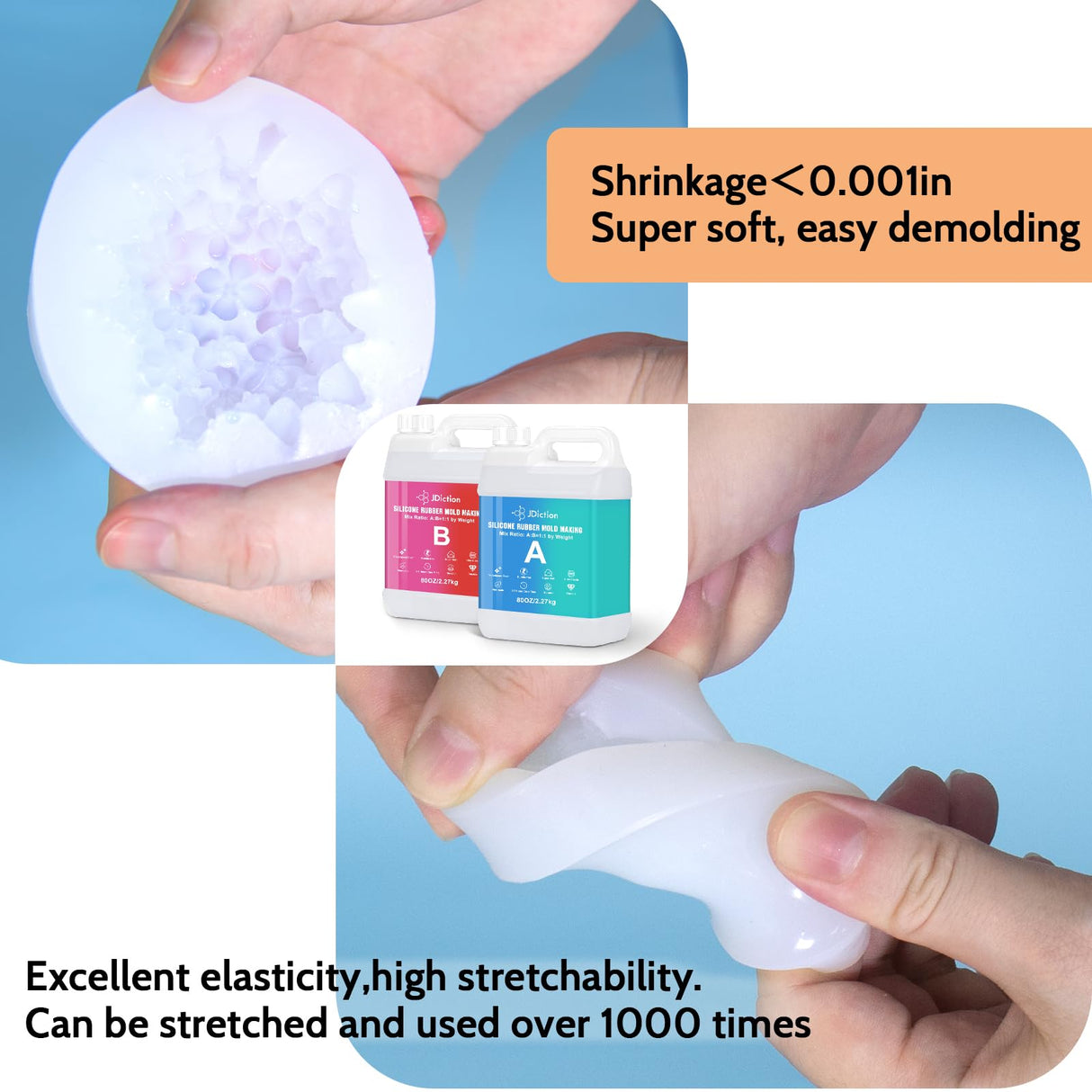 JDiction Silicone Mold Making Kit, 160OZ Super Elastic Liquid Silicone for Mold Making with Pigment Paste, Fast Cure Flex Silicone Rubber for Casting Resin Molds and Detail Molds(10A) JDiction