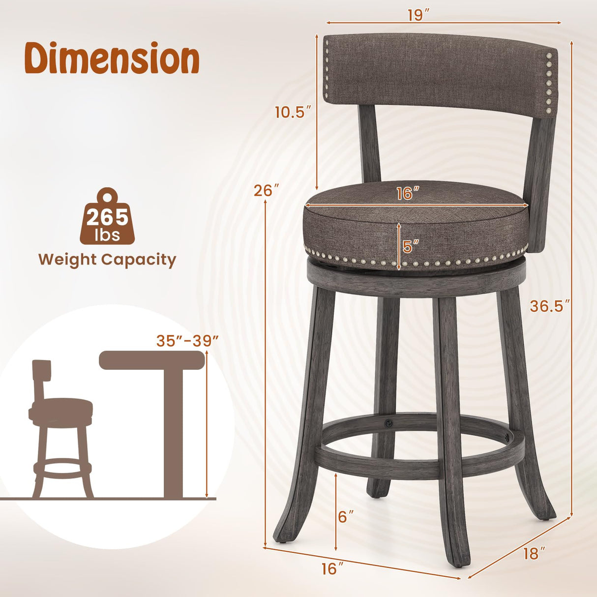 COSTWAY Bar Stools Set of 4, Upholstered Farmhouse Bar stools with Cushioned Seat & Backrest, Solid Wood Legs, Footrest, 26” Counter Height Swivel Stools for Kitchen Island, Pub (4, 26'' Seat Height) COSTWAY