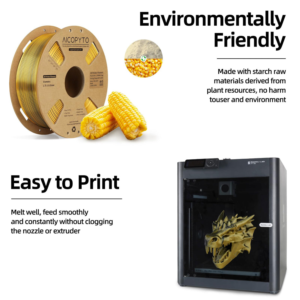 AICOPYTO Dual Color Silk PLA 3D Printer Filament 1.75mm,Dual Color 2-in-1 Gold-Black Silk Filament 1KG Spool (2.2lbs) Dimensional Accuracy Probability +/- 0.02mm Fit Most FDM 3D Printers, Black-Gold AICOPYTO